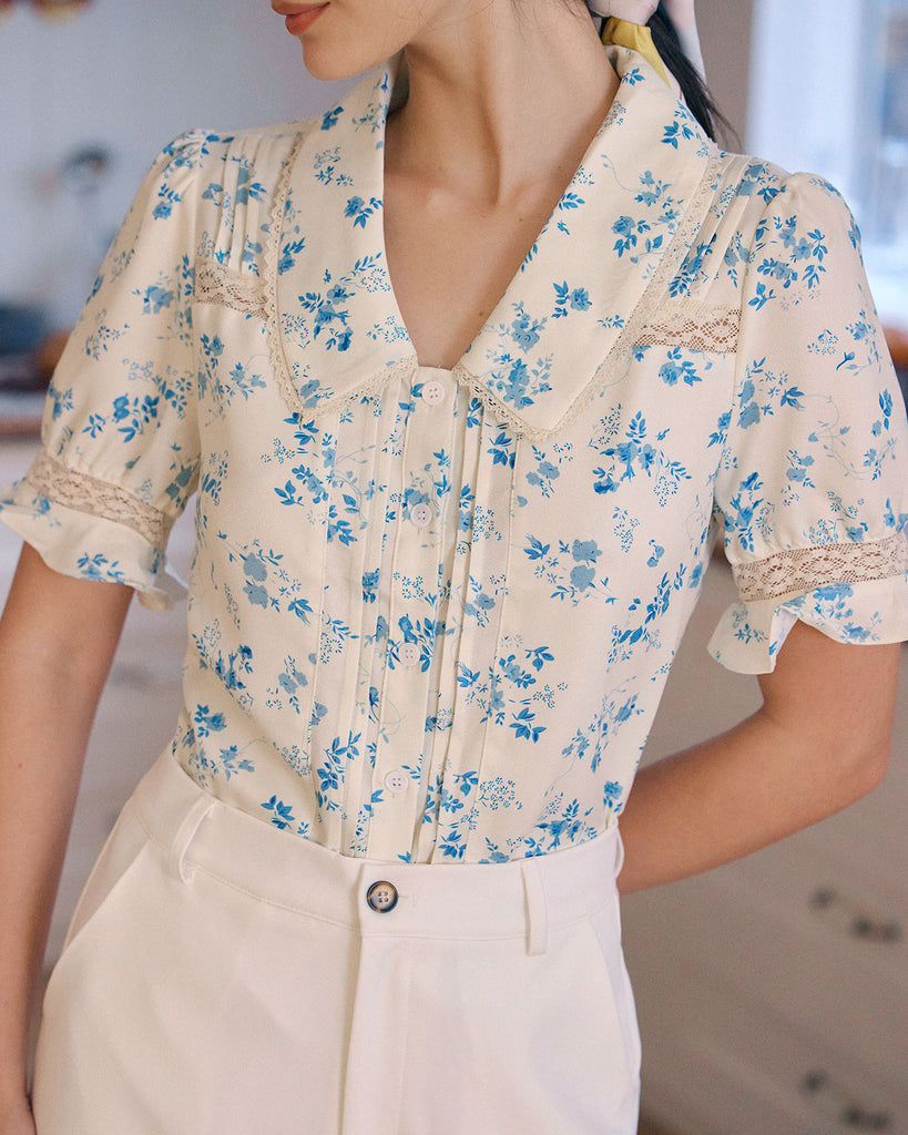 The Lace Spliced Pleated Floral Shirt - RIHOAS