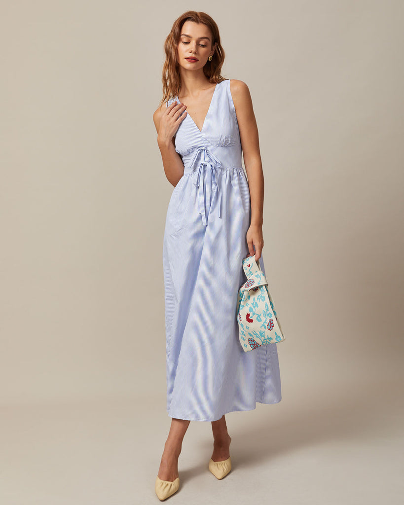 The Blue V-Neck Sleeveless Striped Maxi Dress Dresses - RIHOAS