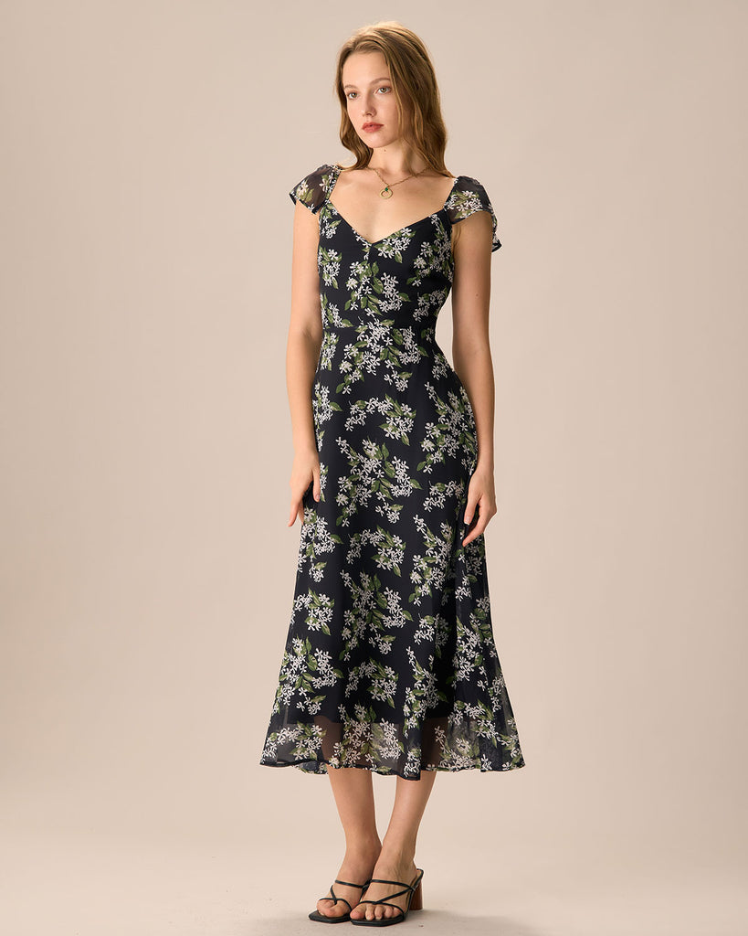 Women's Black Floral Shirred Midi Dress