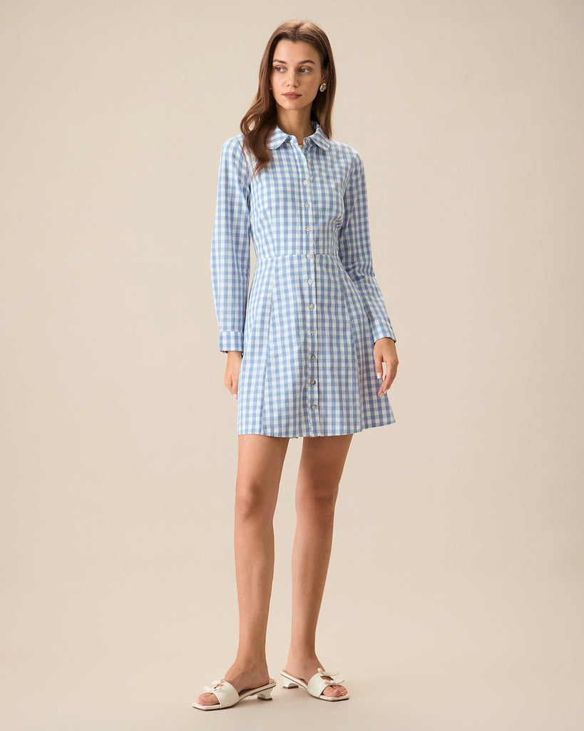 Women's Blue Plaid Long Sleeve Mini Dress