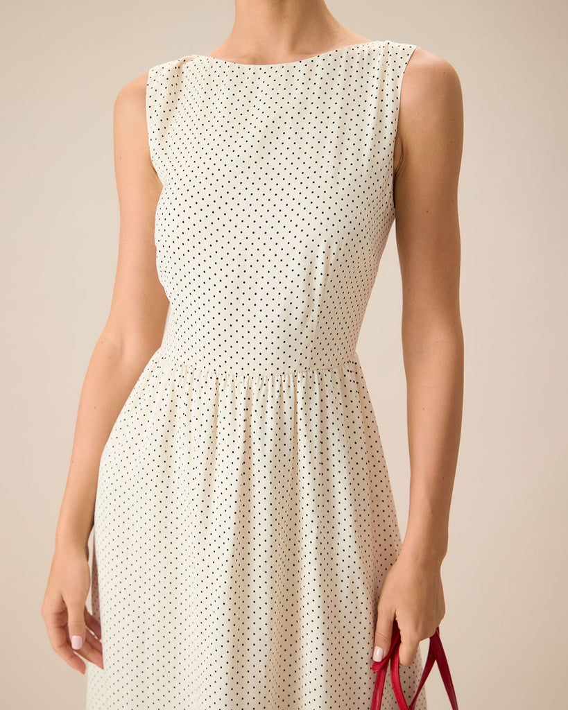 Women's Beige Polka Dot Sleeveless Midi Dress