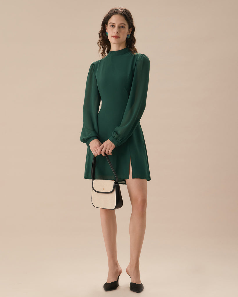 The Green Stand Collar Sheer Slit Mini Dress