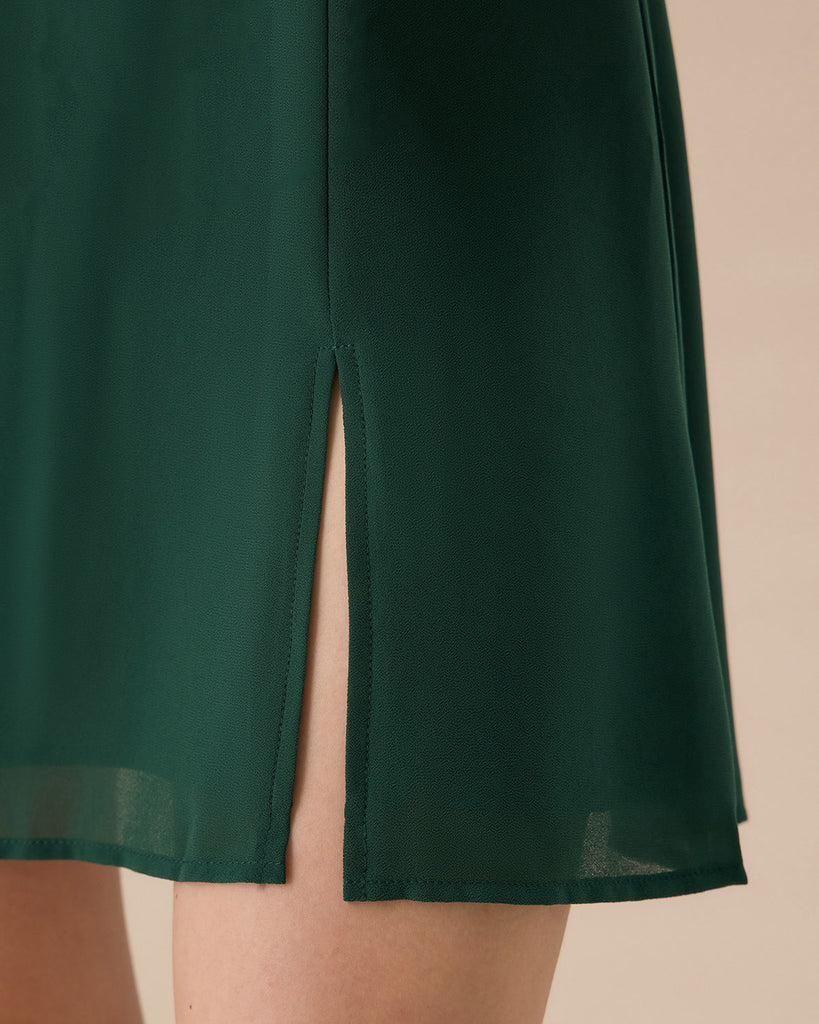 The Green Stand Collar Sheer Slit Mini Dress