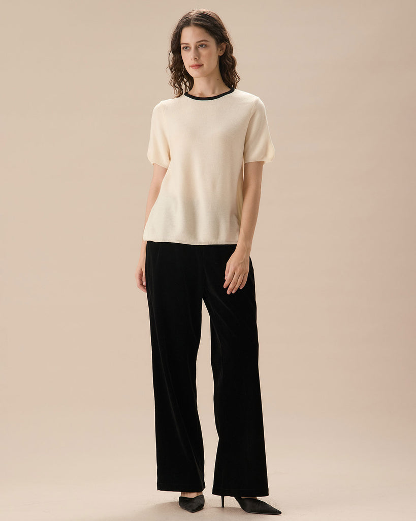 Women's Apricot Contrasting Ribbed Knit Tee