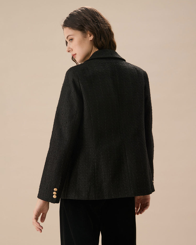 Women's Black Double-breasted Tweed Blazer