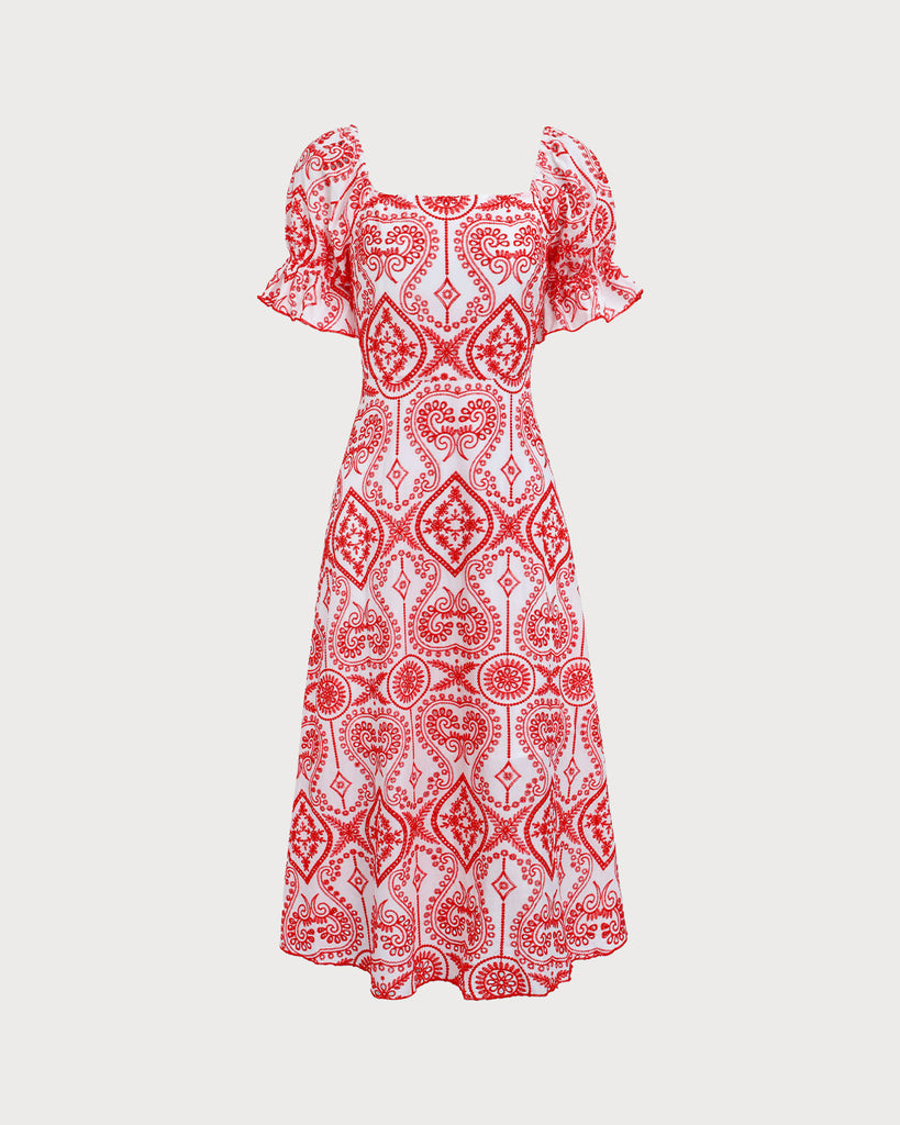 Women's Geometric Embroidery Ruffle Cotton Midi Dress