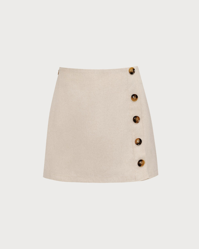 Women's Beige High-Waisted Cotton Button Mini Skirt