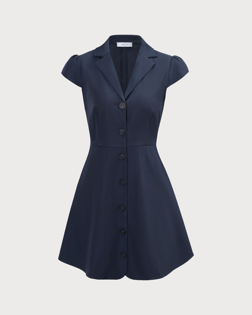 The Navy Lapel Cap Sleeve Mini Dress Dresses - RIHOAS