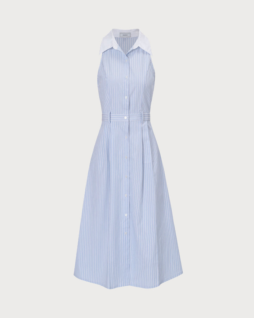 The Blue Lapel Striped Midi Dress Blue Dresses - RIHOAS