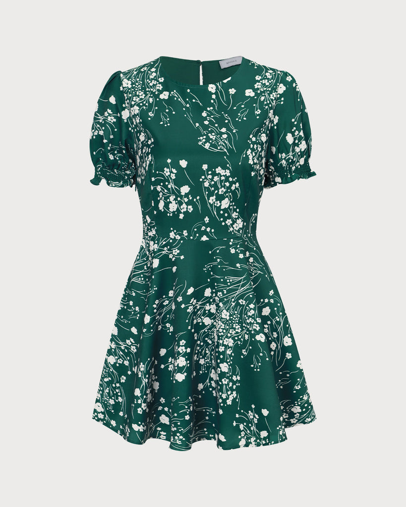 The Green Round Neck Floral Mini Dress Dresses - RIHOAS