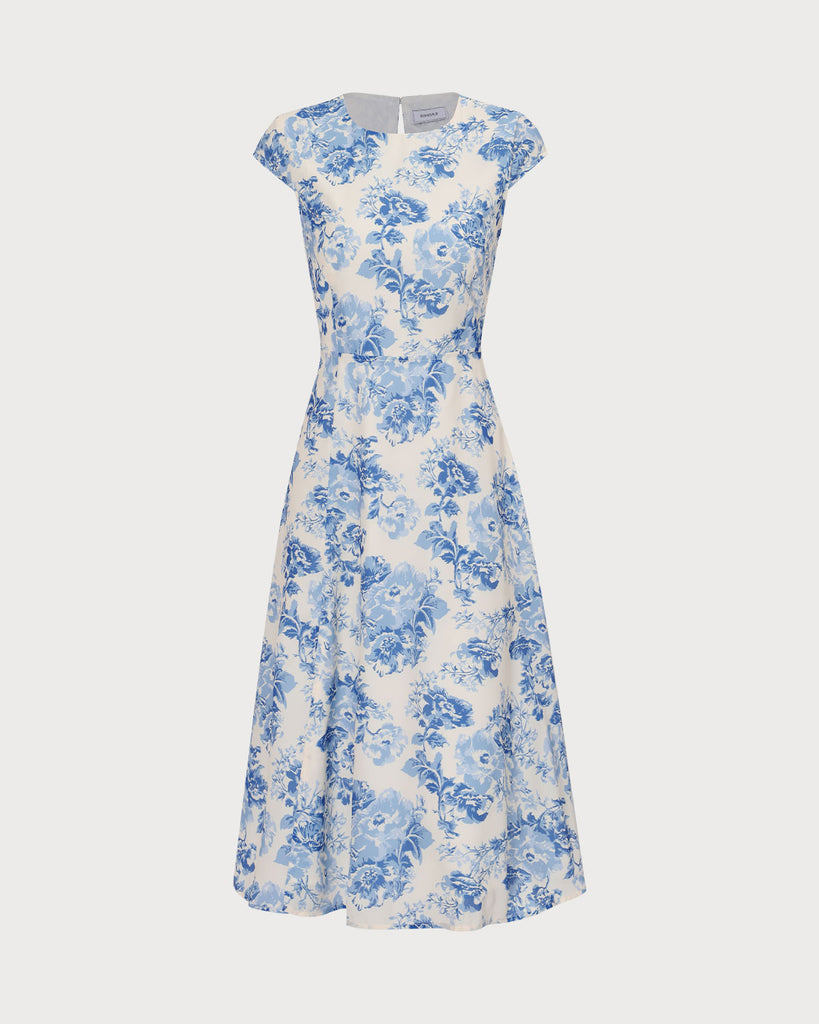 The Blue Round Neck Cap Sleeve Floral Midi Dress Dresses - RIHOAS