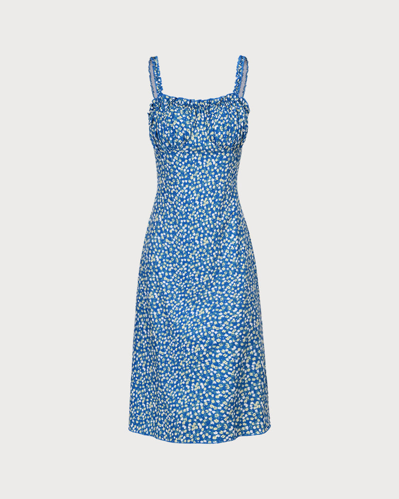 The Blue Floral Frill Trim Midi Dress Dresses - RIHOAS