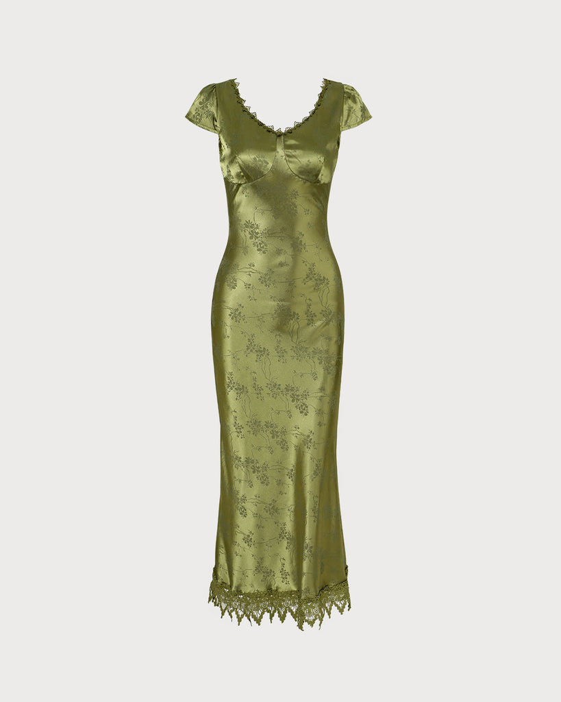 The Green Satin Jacquard Lace Midi Dress Dresses - RIHOAS