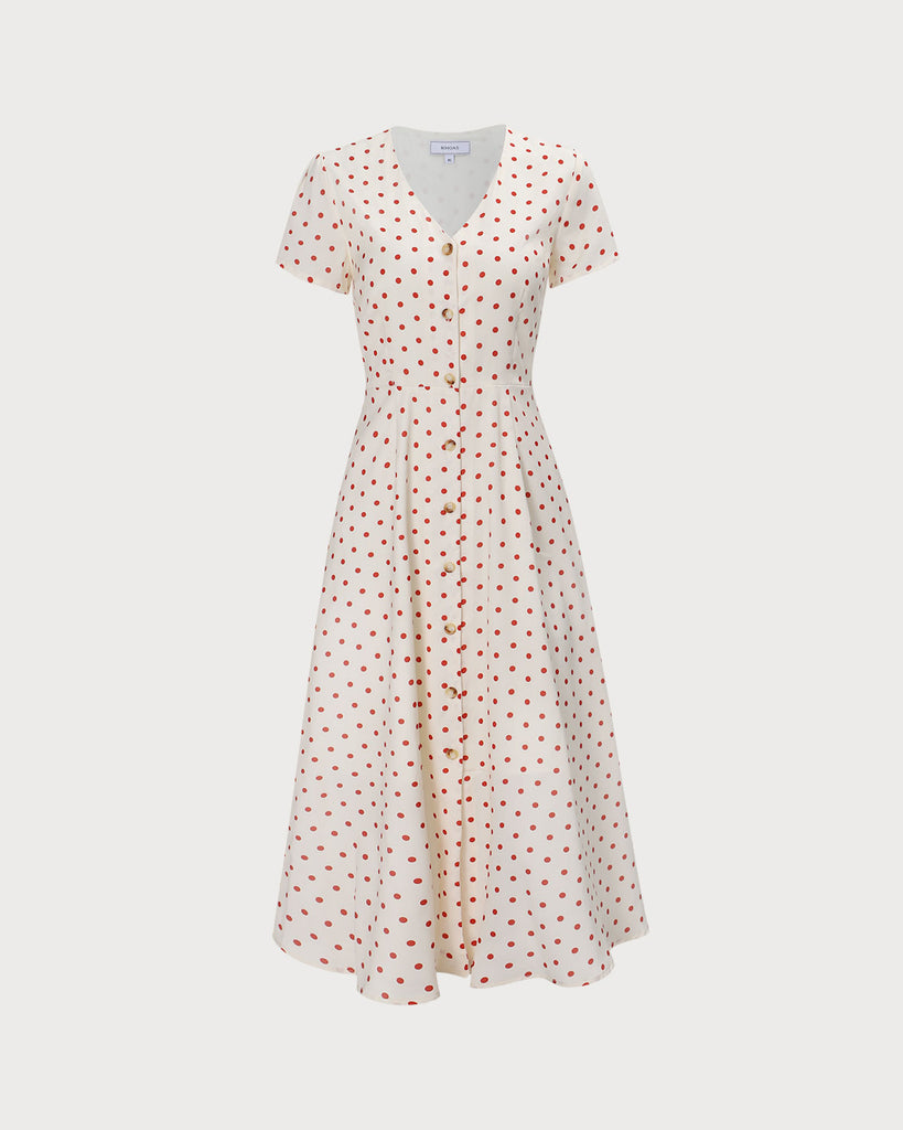 The V-Neck Polka Dot Midi Dress Dresses - RIHOAS