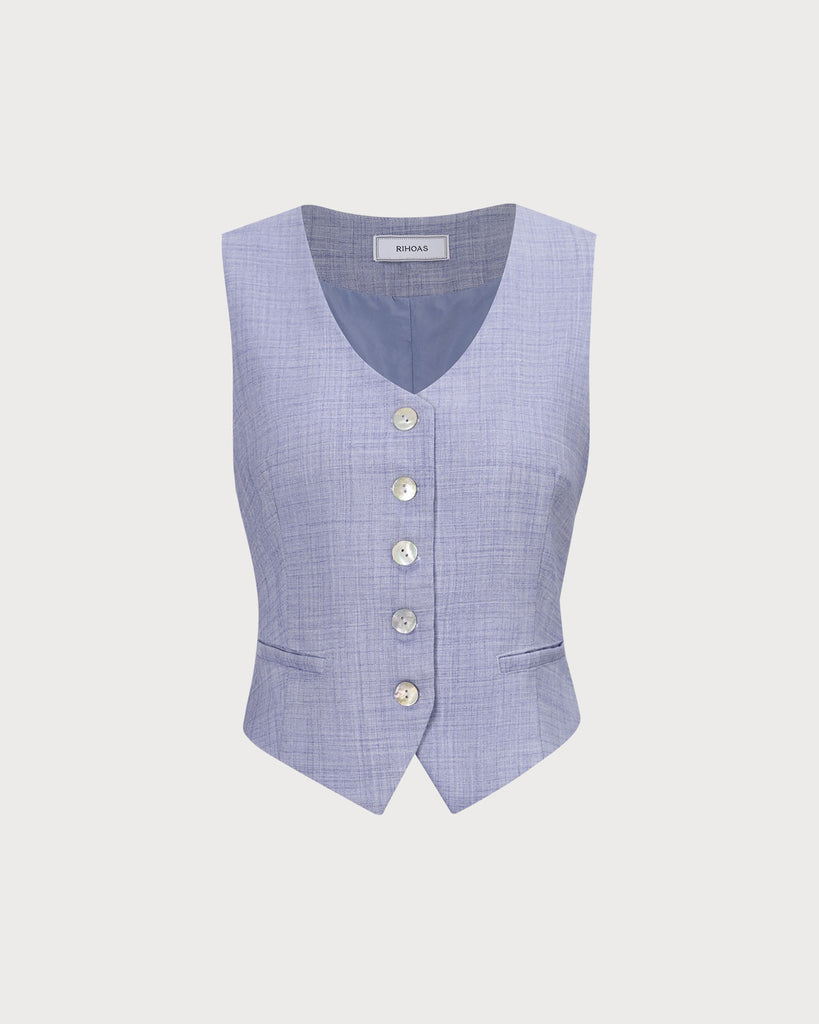 The Blue V-Neck Button Vest Tops - RIHOAS