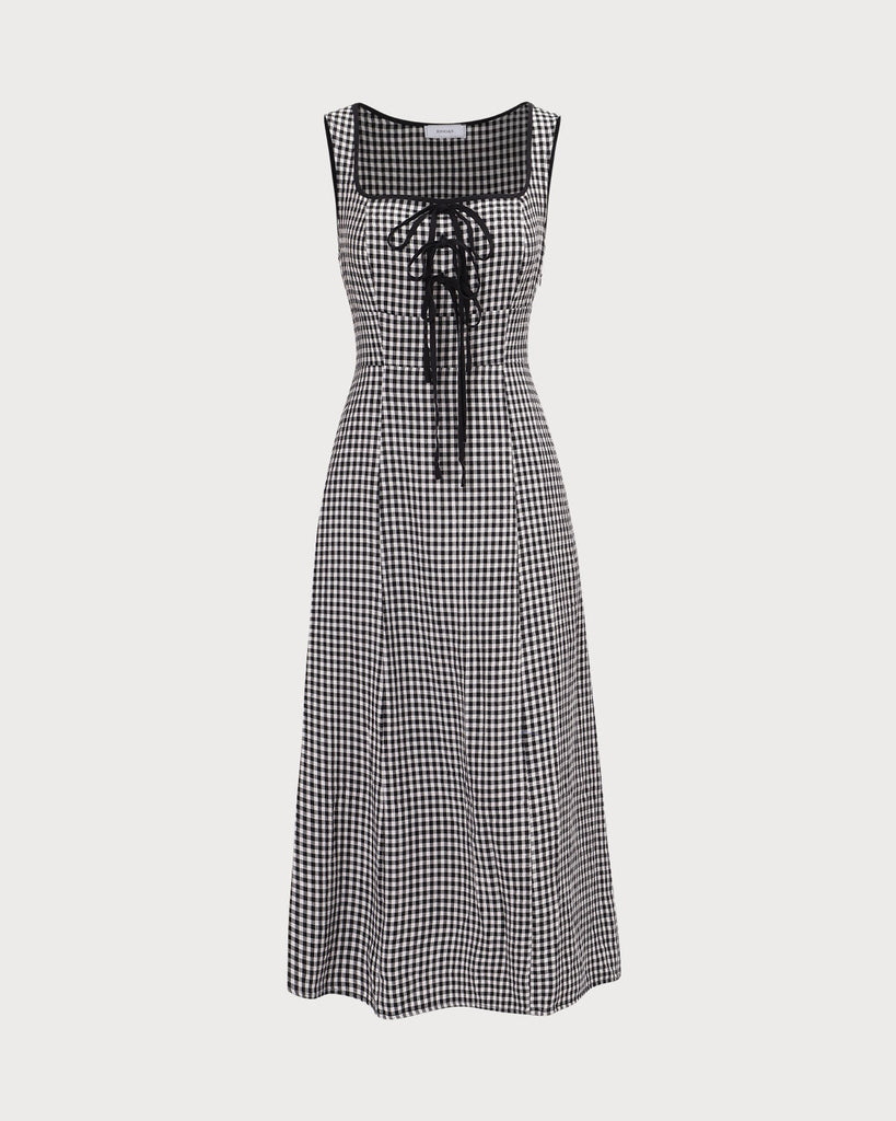 The Black Square Neck Tie Plaid Midi Dress Dresses - RIHOAS