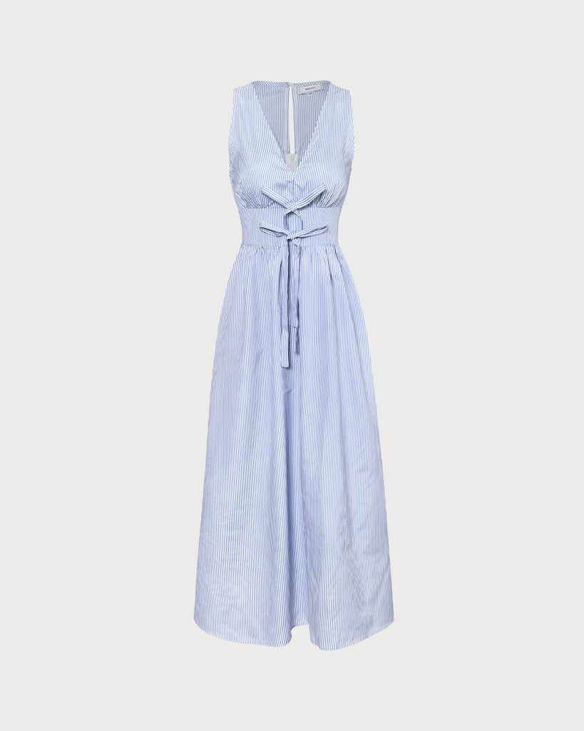 The Blue V-Neck Sleeveless Striped Maxi Dress Dresses - RIHOAS