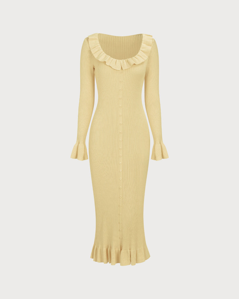 Yellow U-Neck Ruffle Bodycon Sweater Dress