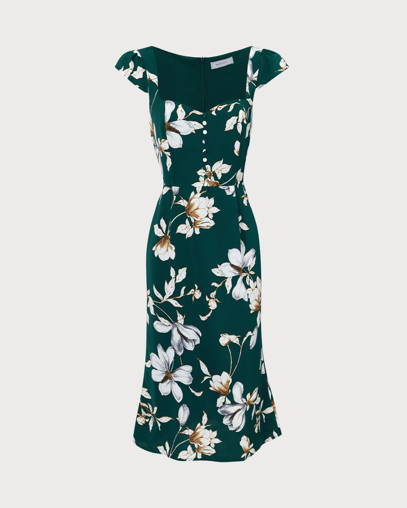 The Green Sweetheart Neck Cap Sleeve Floral Midi Dress