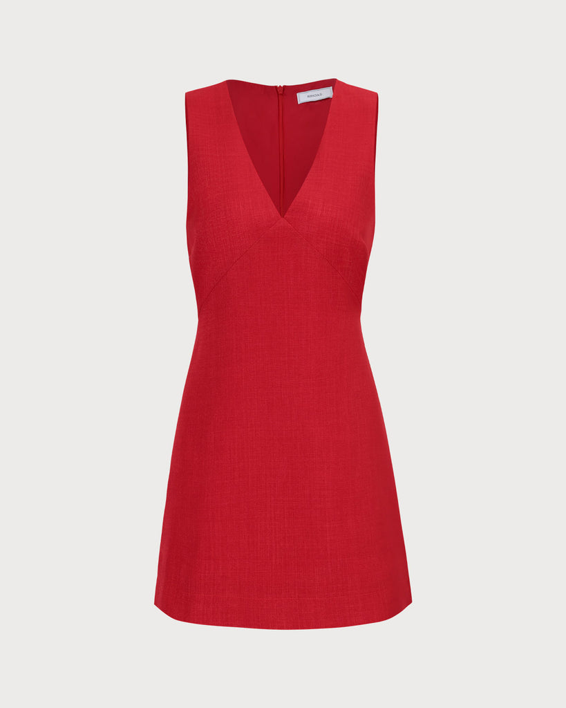 The Red V Neck Solid Mini Dress Dresses - RIHOAS