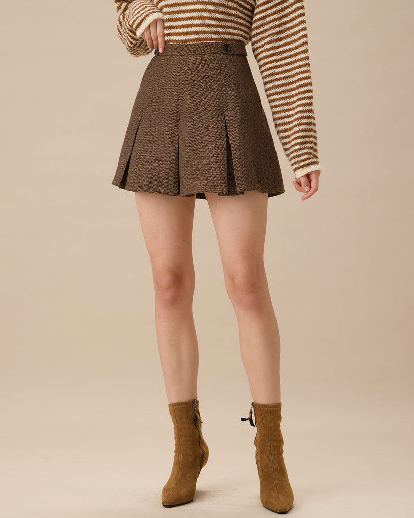 Brown Striped Pleated Mini Skirt