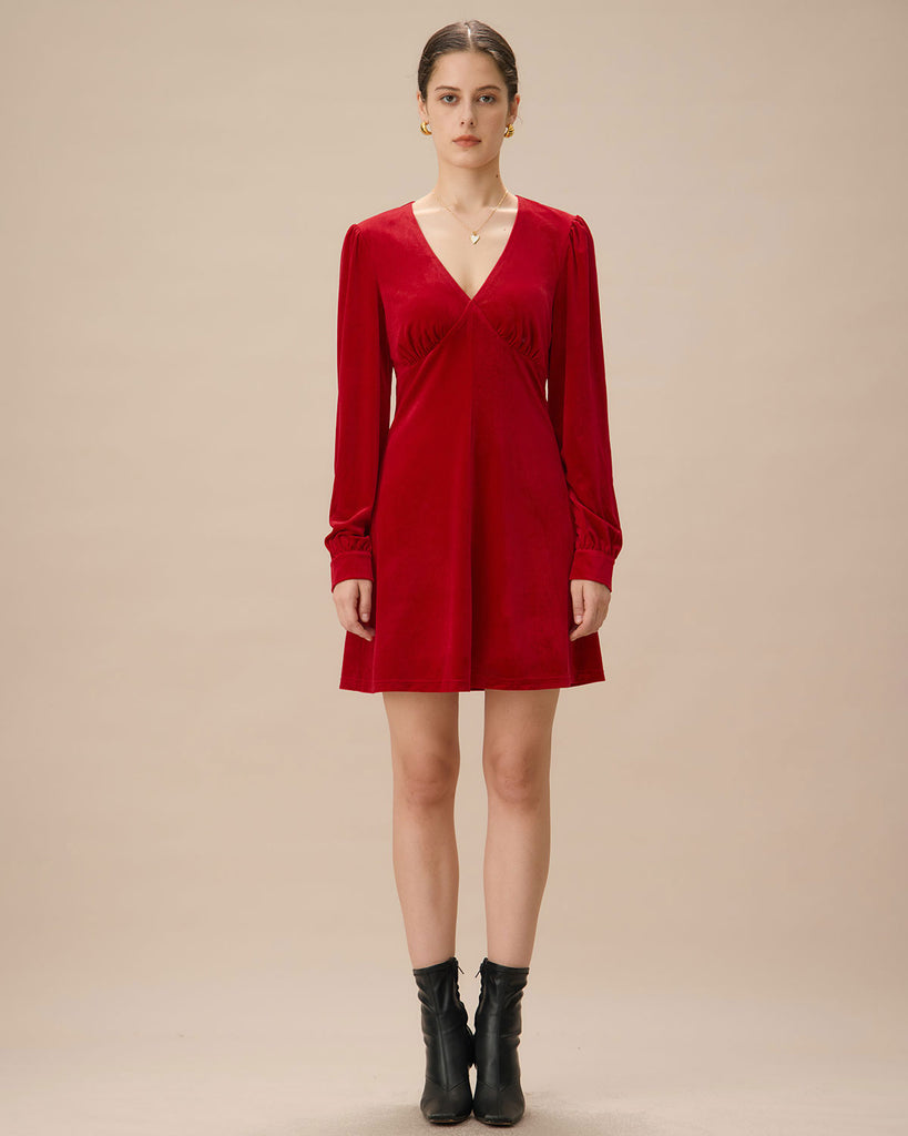 Red Velvet Puffed Sleeve A-Line Mini Dress