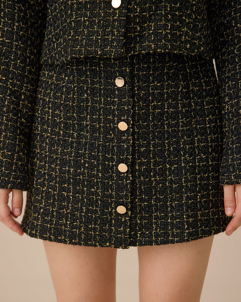 Black High-waisted Button Tweed Skirt