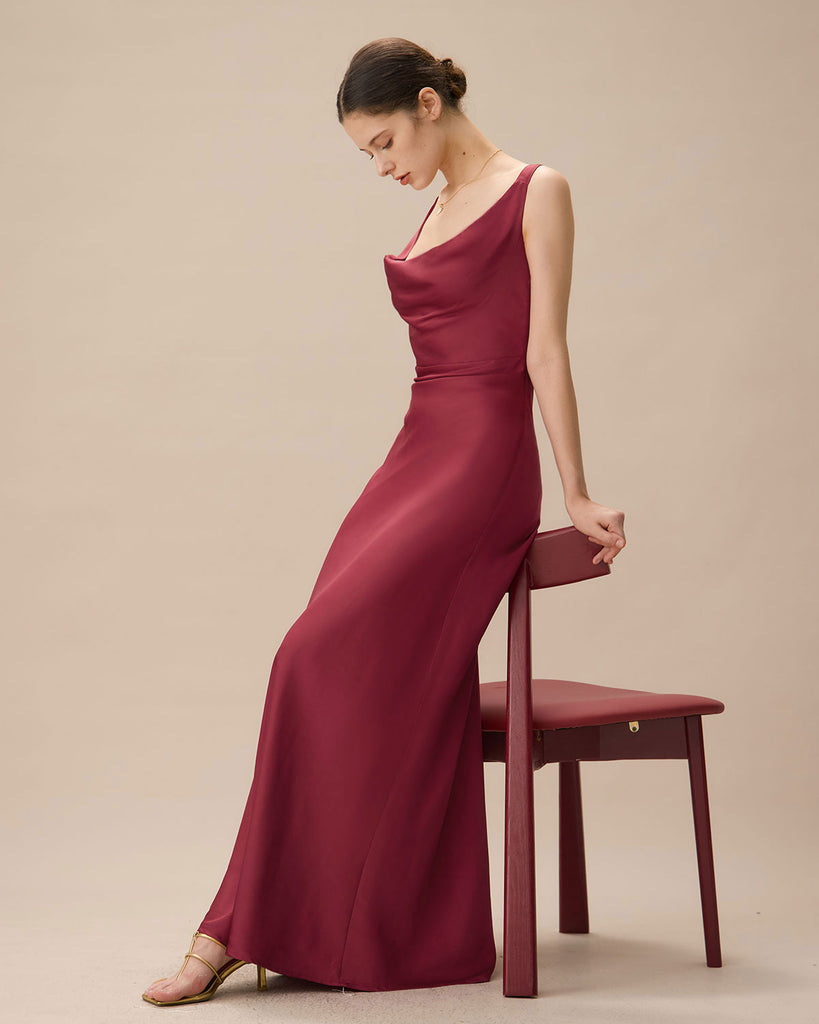 Red Cowl Neck Sheath Satin Maxi Dress