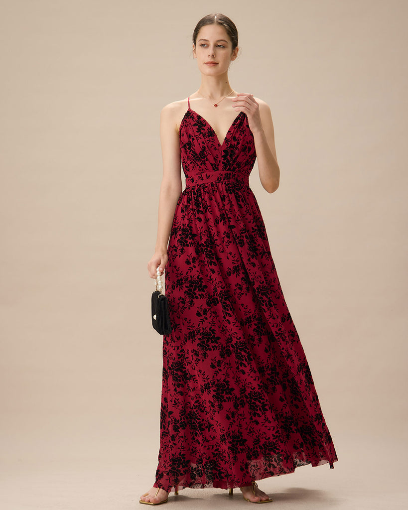 Red Floral Flocked Mesh Slit Maxi Dress