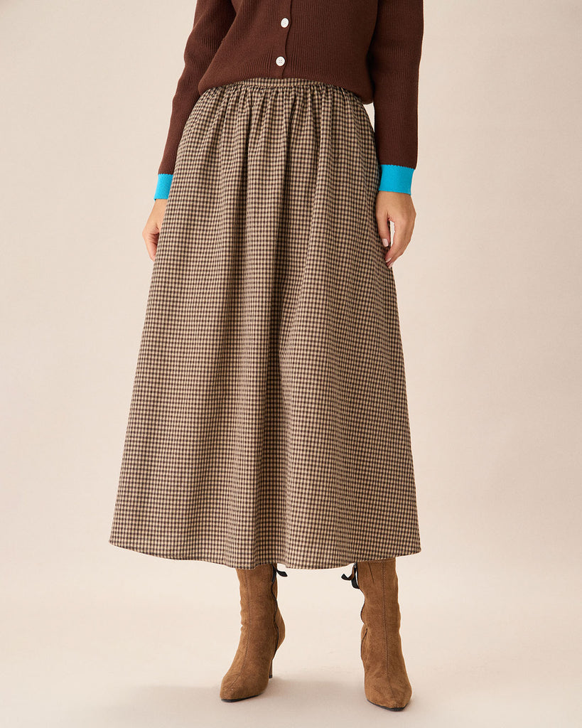 Brown Plaid High-Waisted Pocket Midi Skirt