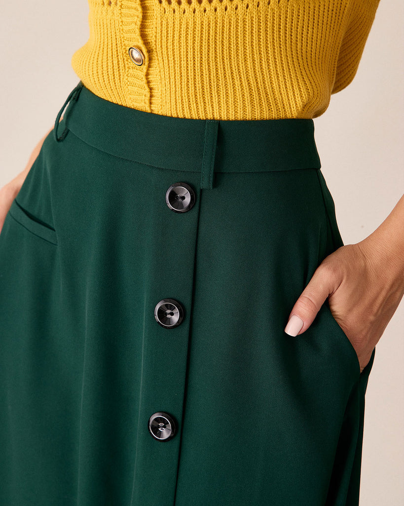 Green High-waisted Button Midi Skirt