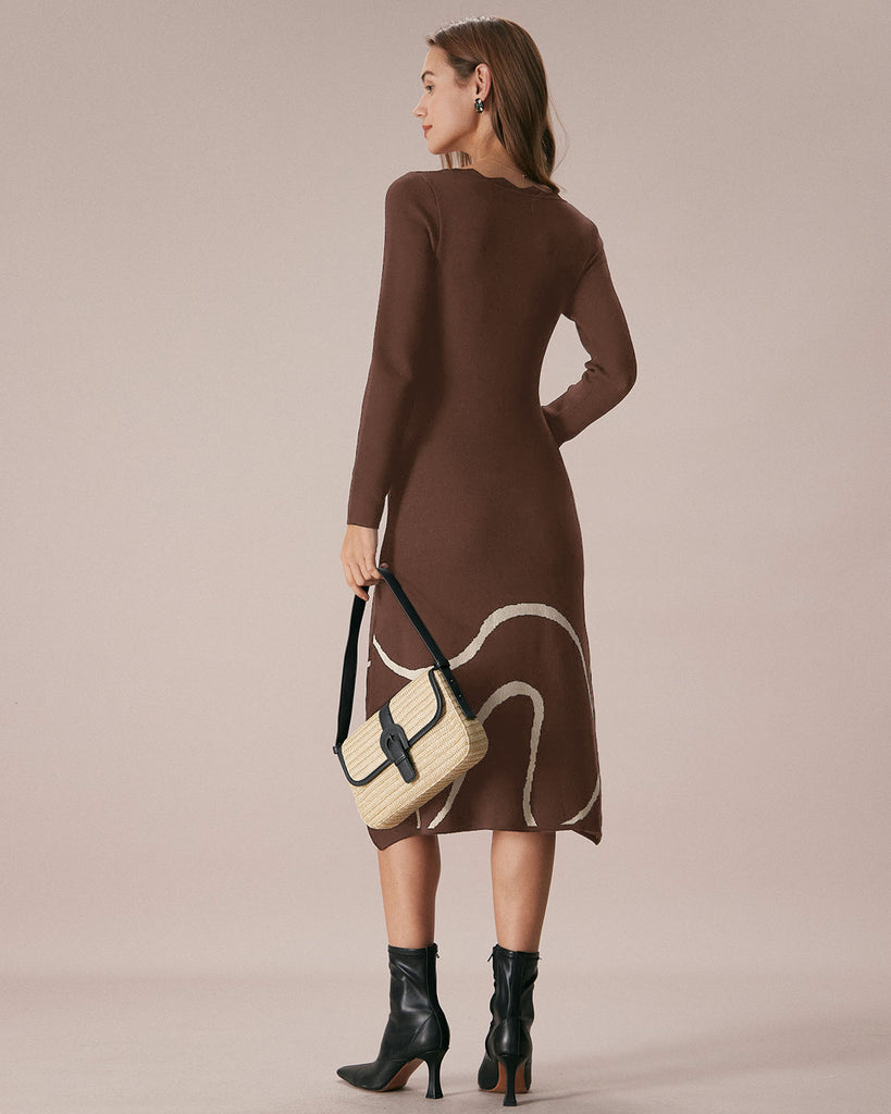 Coffee Wave Scalloped Sweater Midi Dress