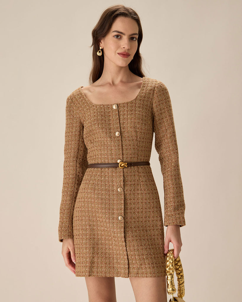 Brown U Neck Button-Up Tweed Mini Dress