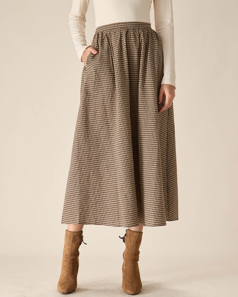 Brown Plaid High-Waisted Pocket Midi Skirt