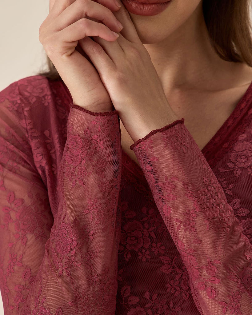 Red Floral V-Neck See-Through Lace Tee