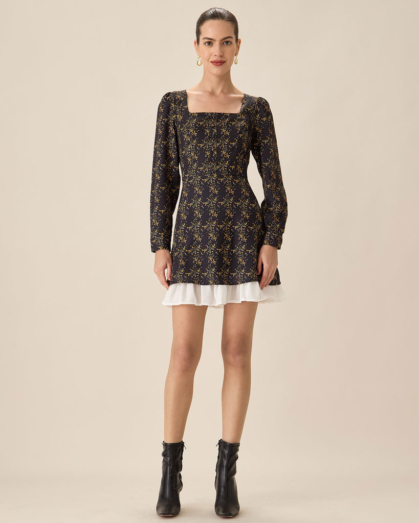 Black Contrasting Puffed Sleeve Mini Dress