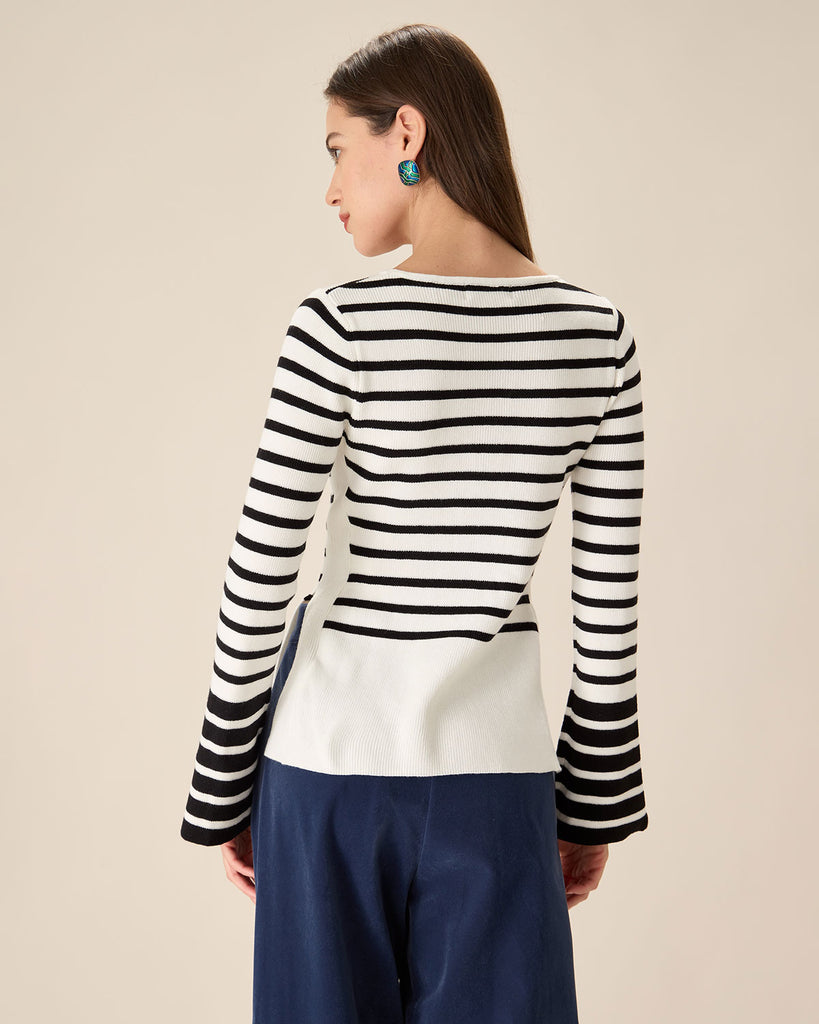 White Striped Boat Neck Sweater