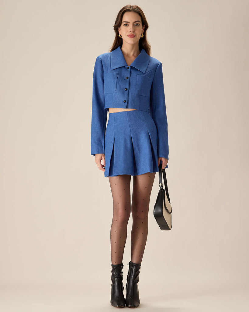 Blue High-waisted Pleated Mini Skirt