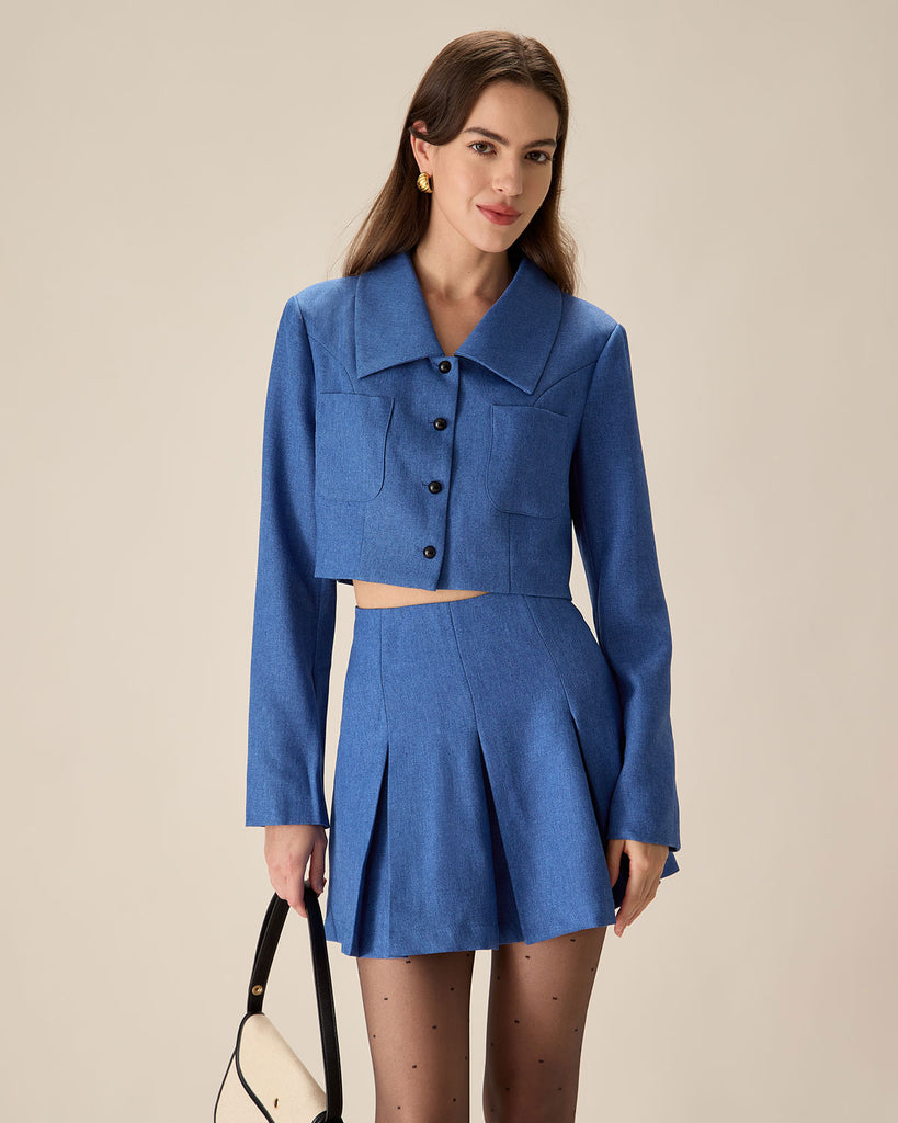 Blue Single-Breasted Pocket Crop Jacket