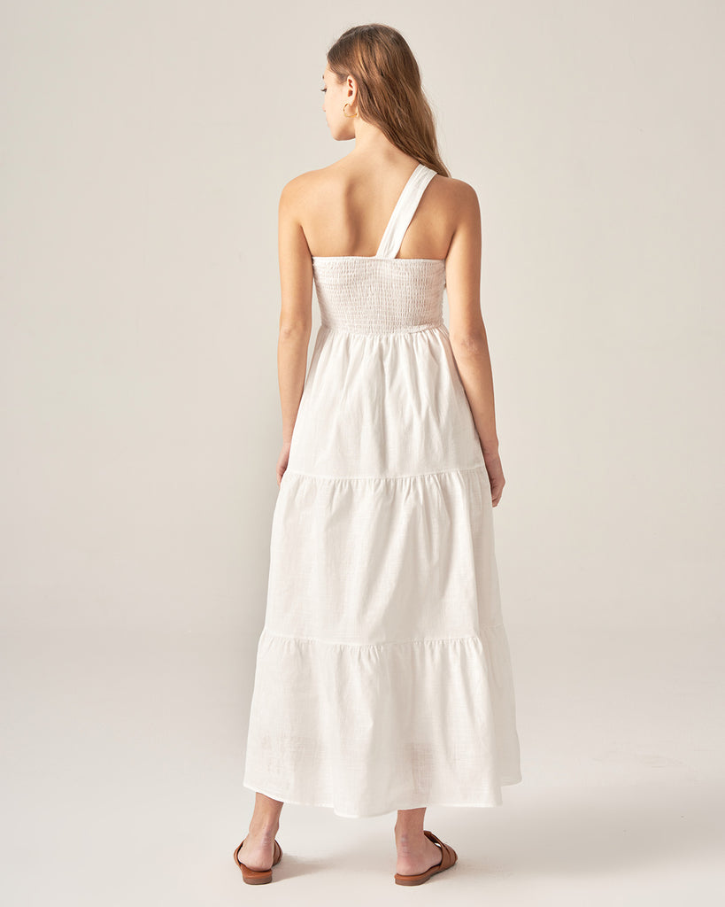 White Ruched One Shoulder Midi Dress