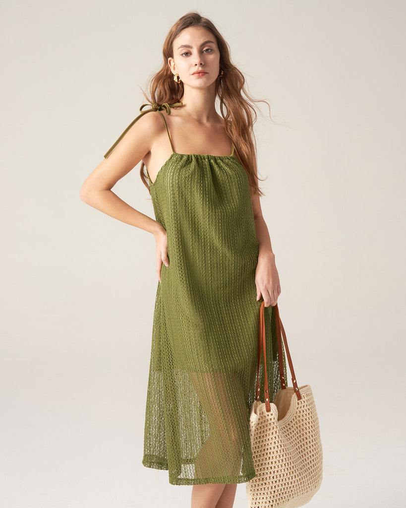 Green Crochet Tie Strap Midi Dress