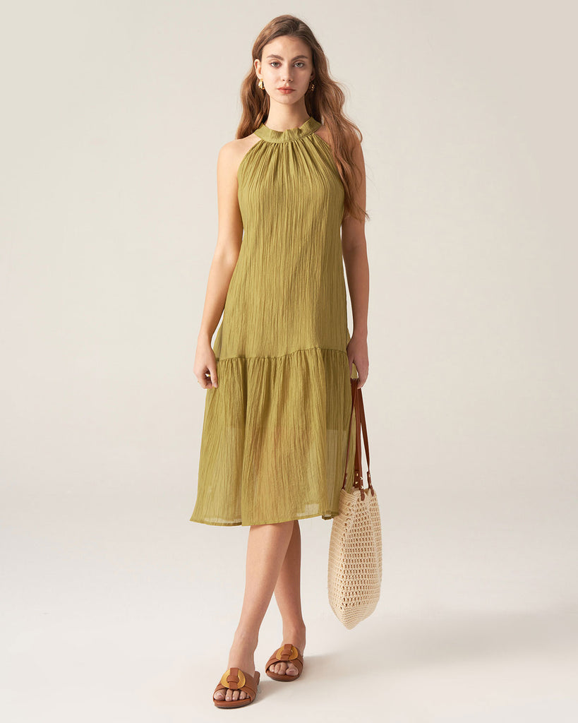 Green Ruffle Tie Neck Midi Dress