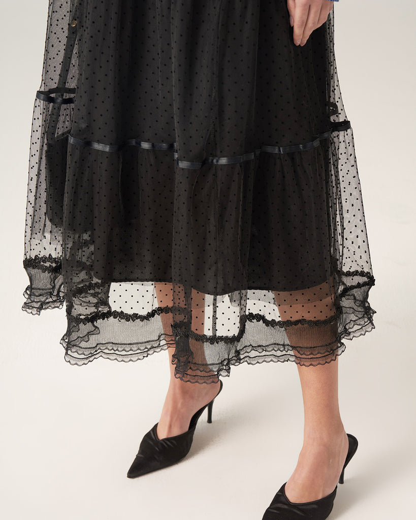 Black Mesh Tiered Midi Skirt