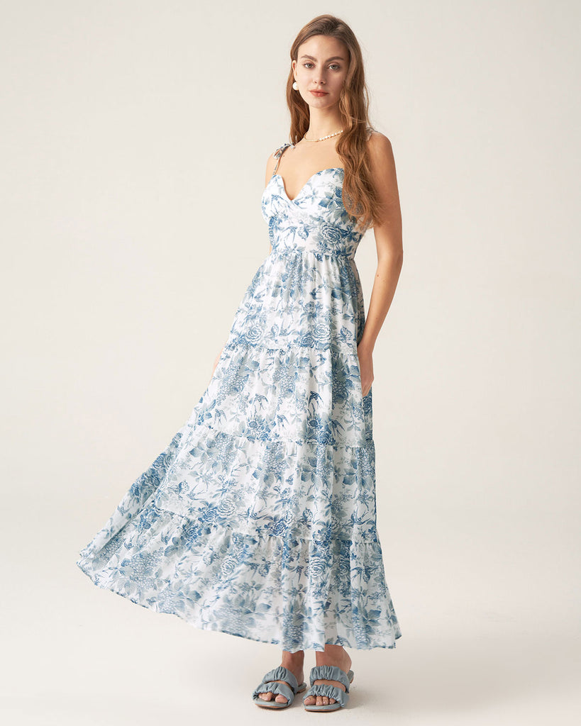 Blue Floral Tie Strap Midi Dress