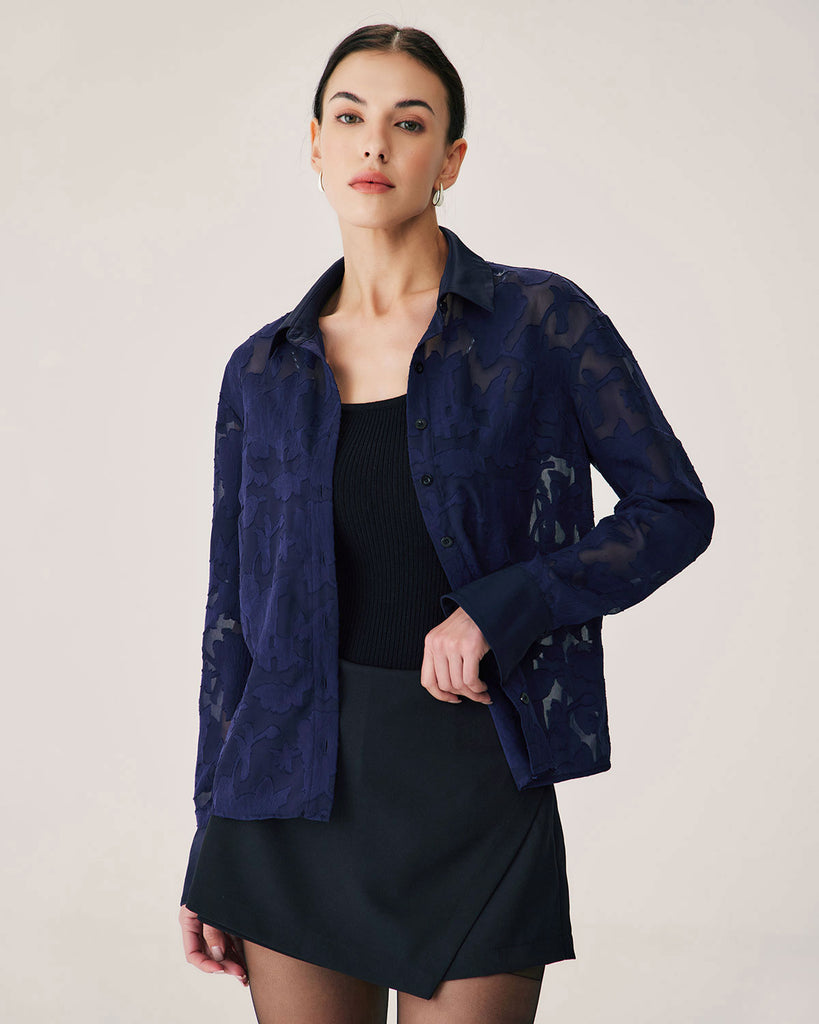 Navy Jacquard Long Sleeve Shirt