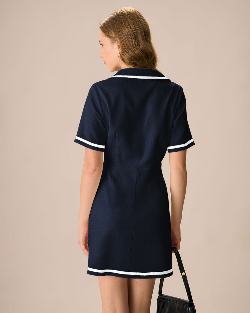 Women's Navy Lapel Contrasting Mini Dress