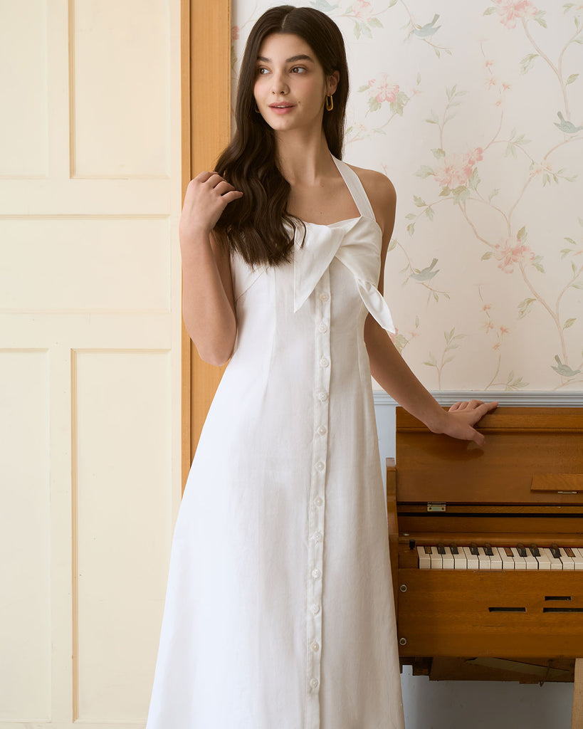 The White Sweetheart Neck Ruched Button Maxi Dress