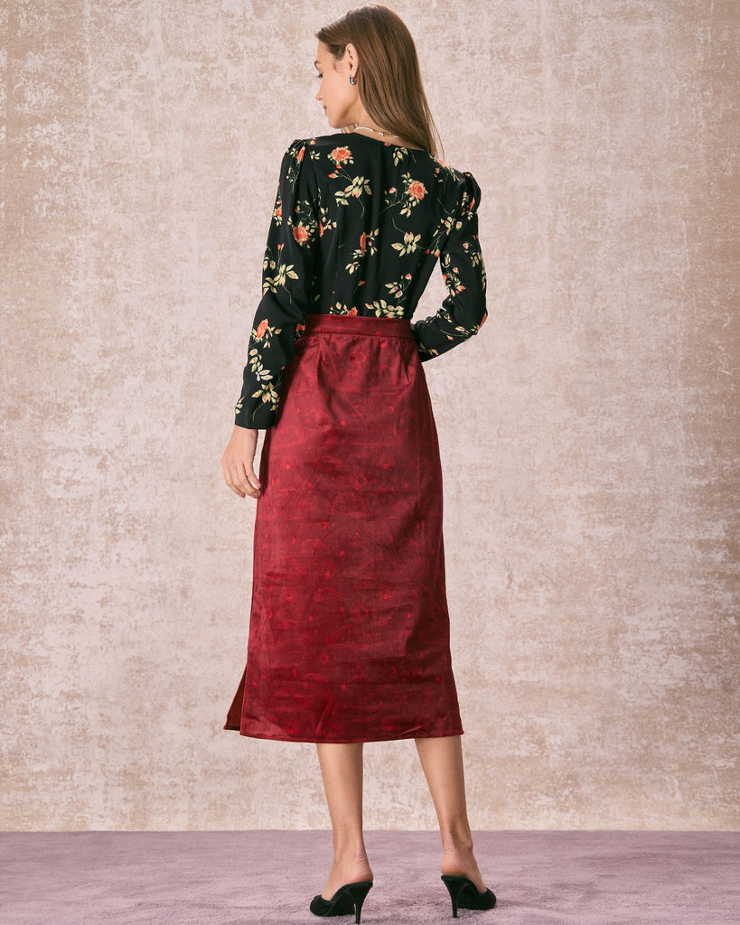 The Wine Red Split Hem Velvet Midi Skirt Wine Red Bottoms - RIHOAS