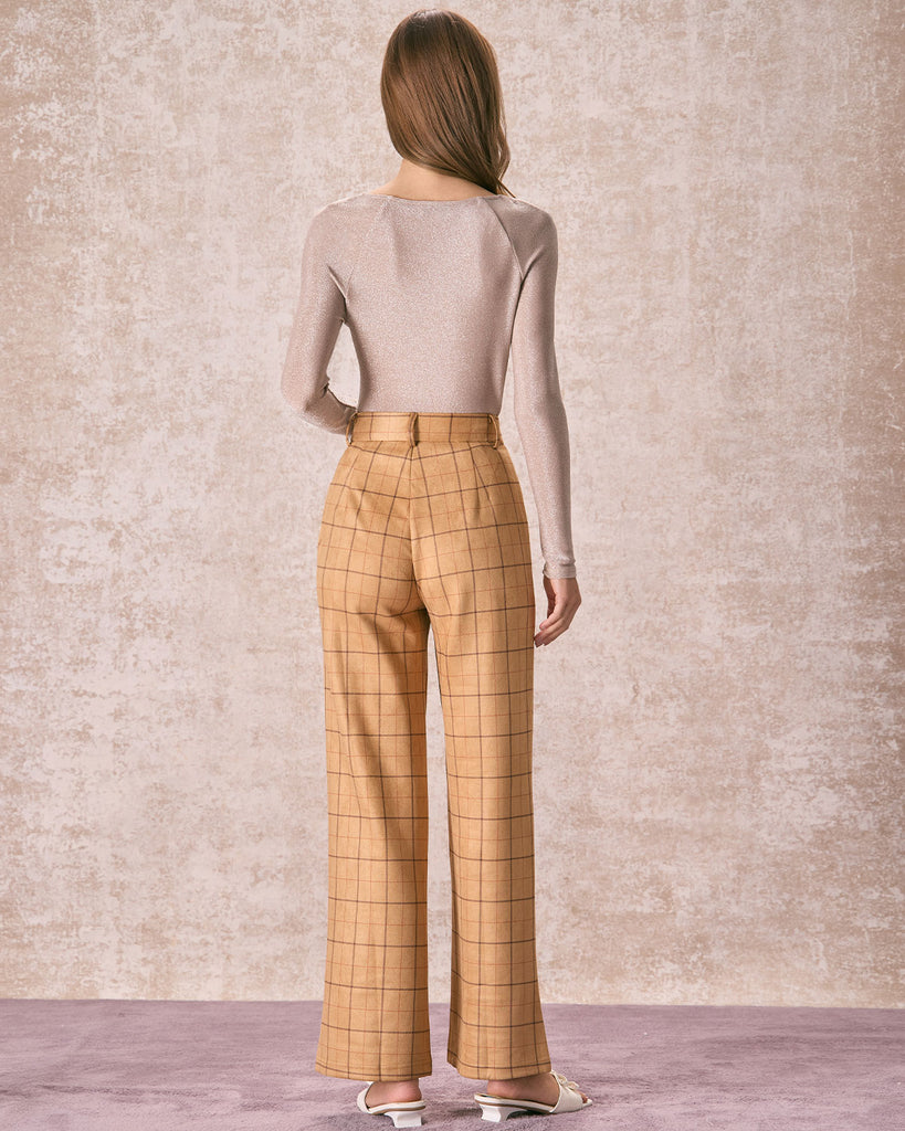 The Khaki Plaid Wide Leg Pants Bottoms - RIHOAS