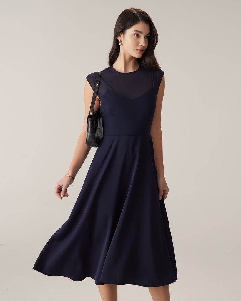 Navy See Through Cap Sleeve Midi Dress